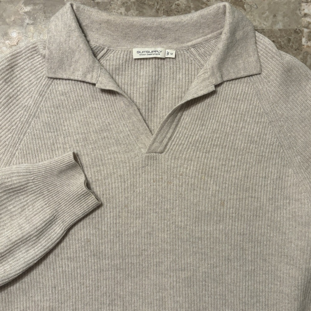 Suitsupply Polo Shirt Mens Medium Khaki Wool Cashmere Long Sleeve Johnny Collar